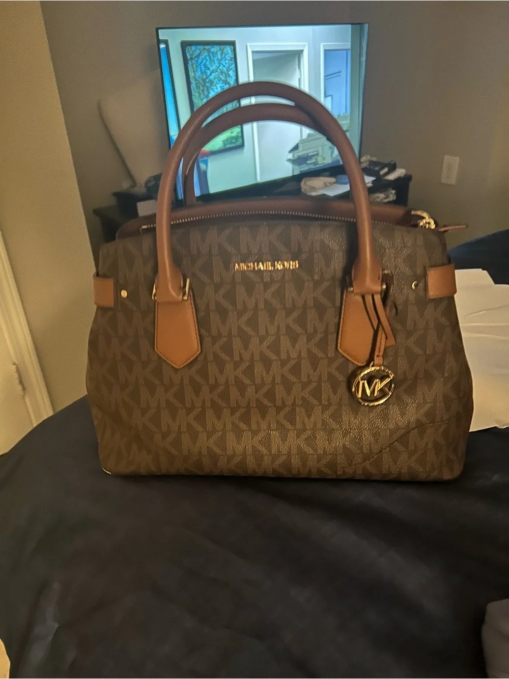 Michael Kors Brown MK Logo Duffel Satchel with Gold-Tone Charm
